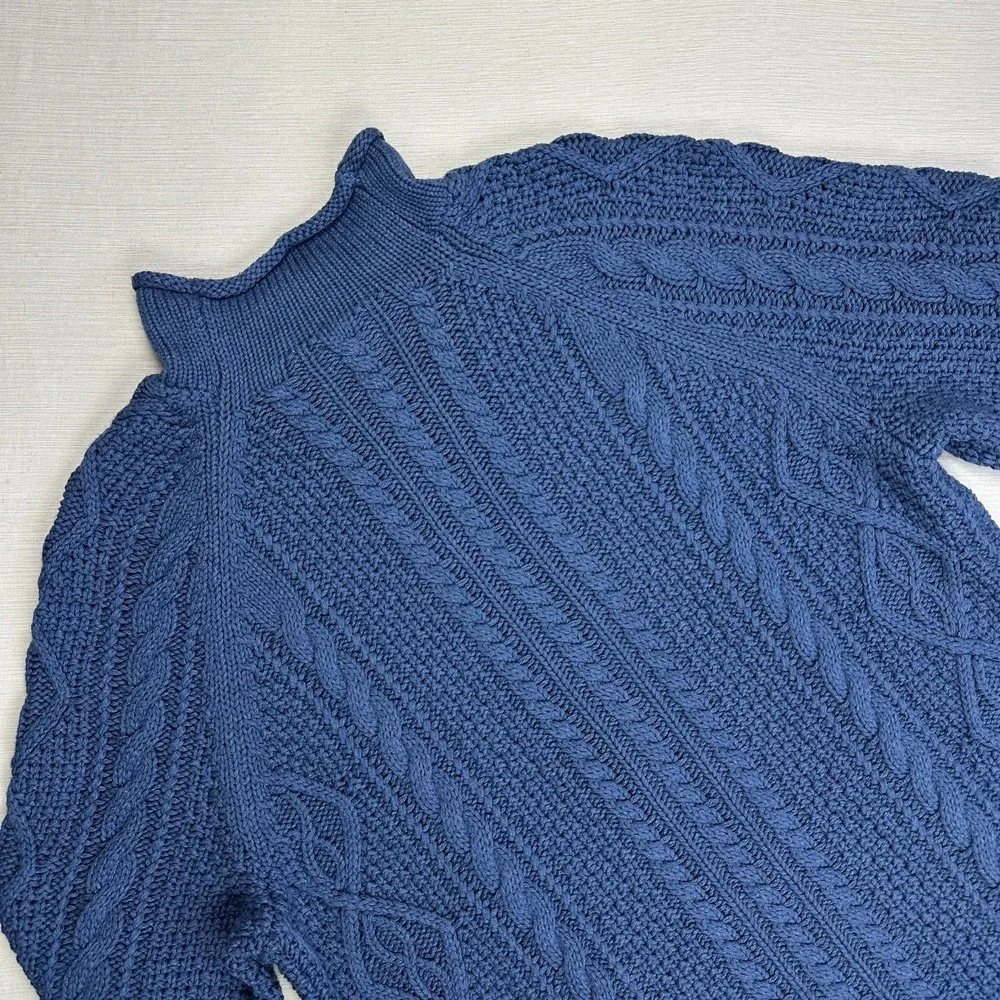 J.Crew Sweater Roll Neck Aran Cable Knit Fisherman Cotton Men Medium Blue Gorp